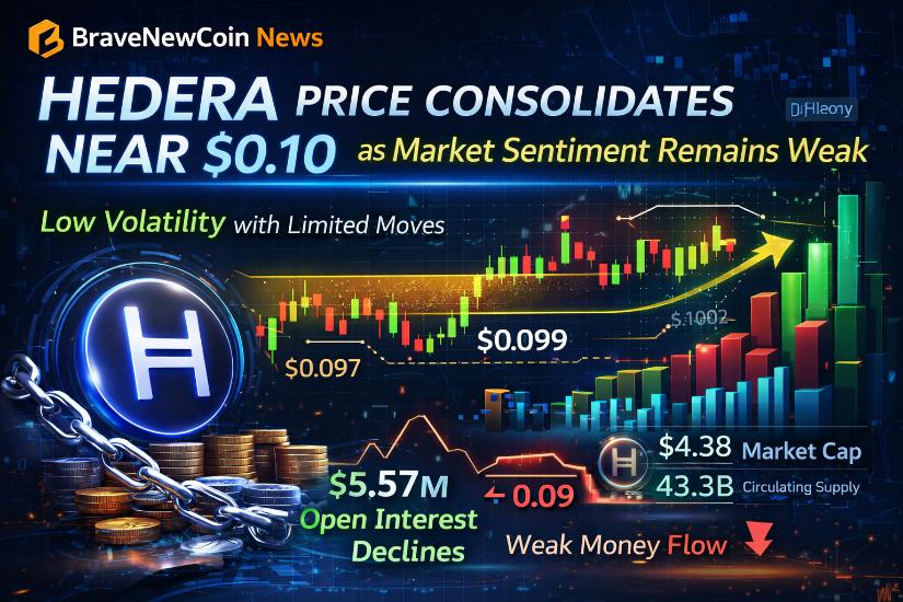 Hedera价格在0.10美元附近盘整，市场情绪持续低迷