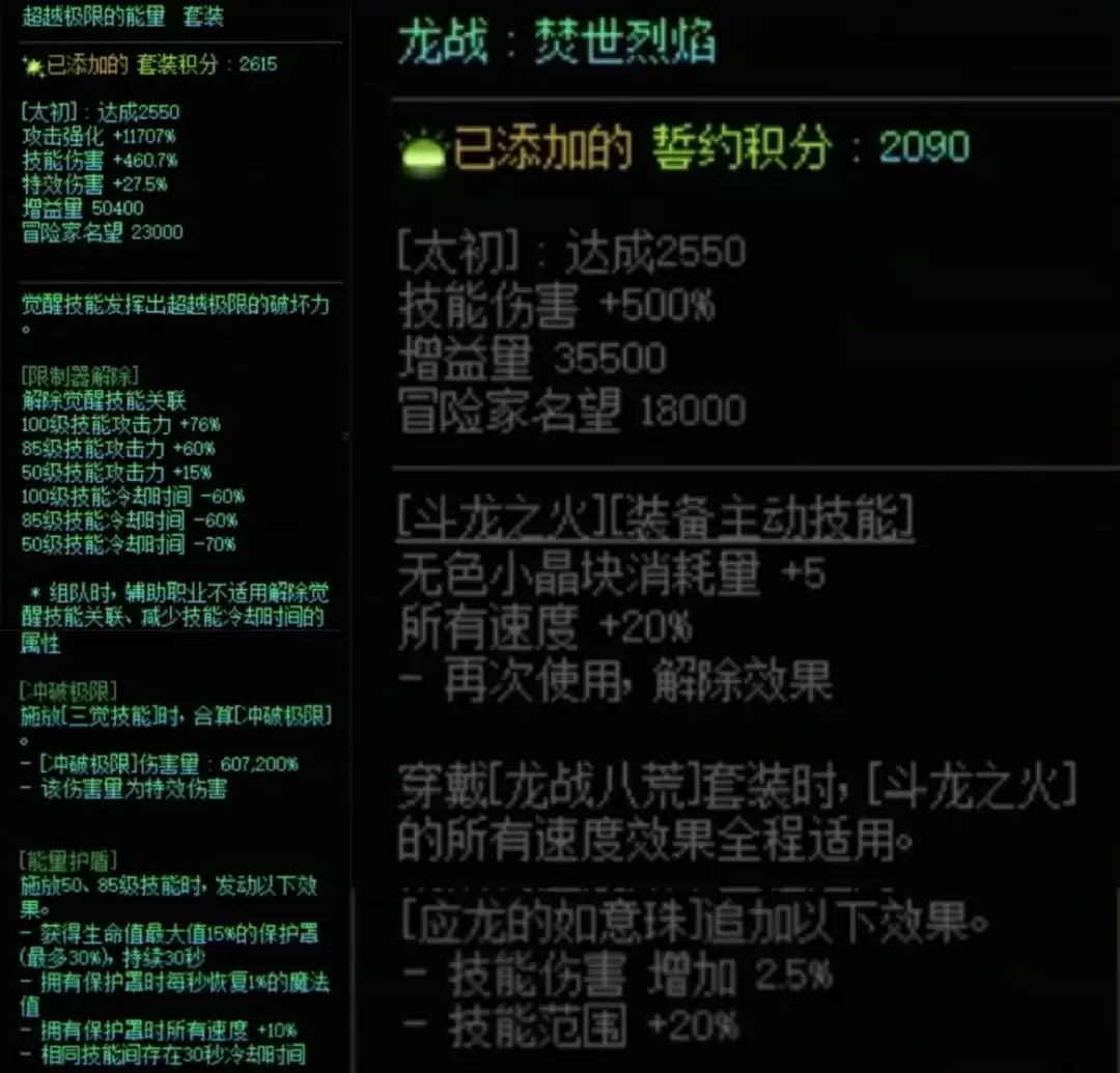 DNF究极能量加龙战八荒搭配属性总览