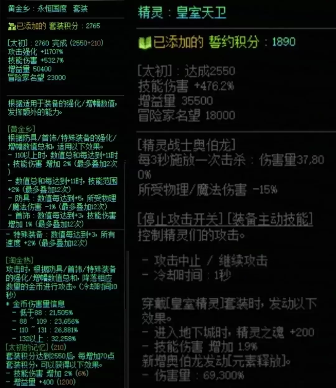 DNF黄金乡加精灵誓约搭配属性一览