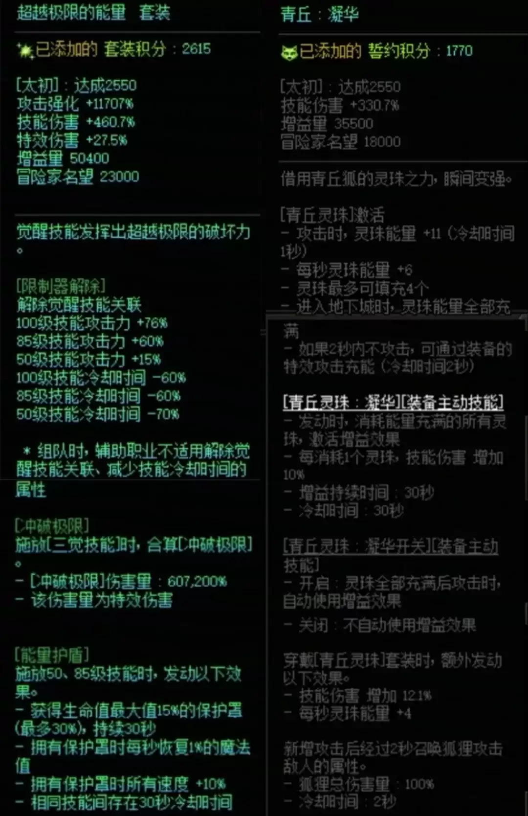 DNF究极能量加青丘灵珠搭配属性全览