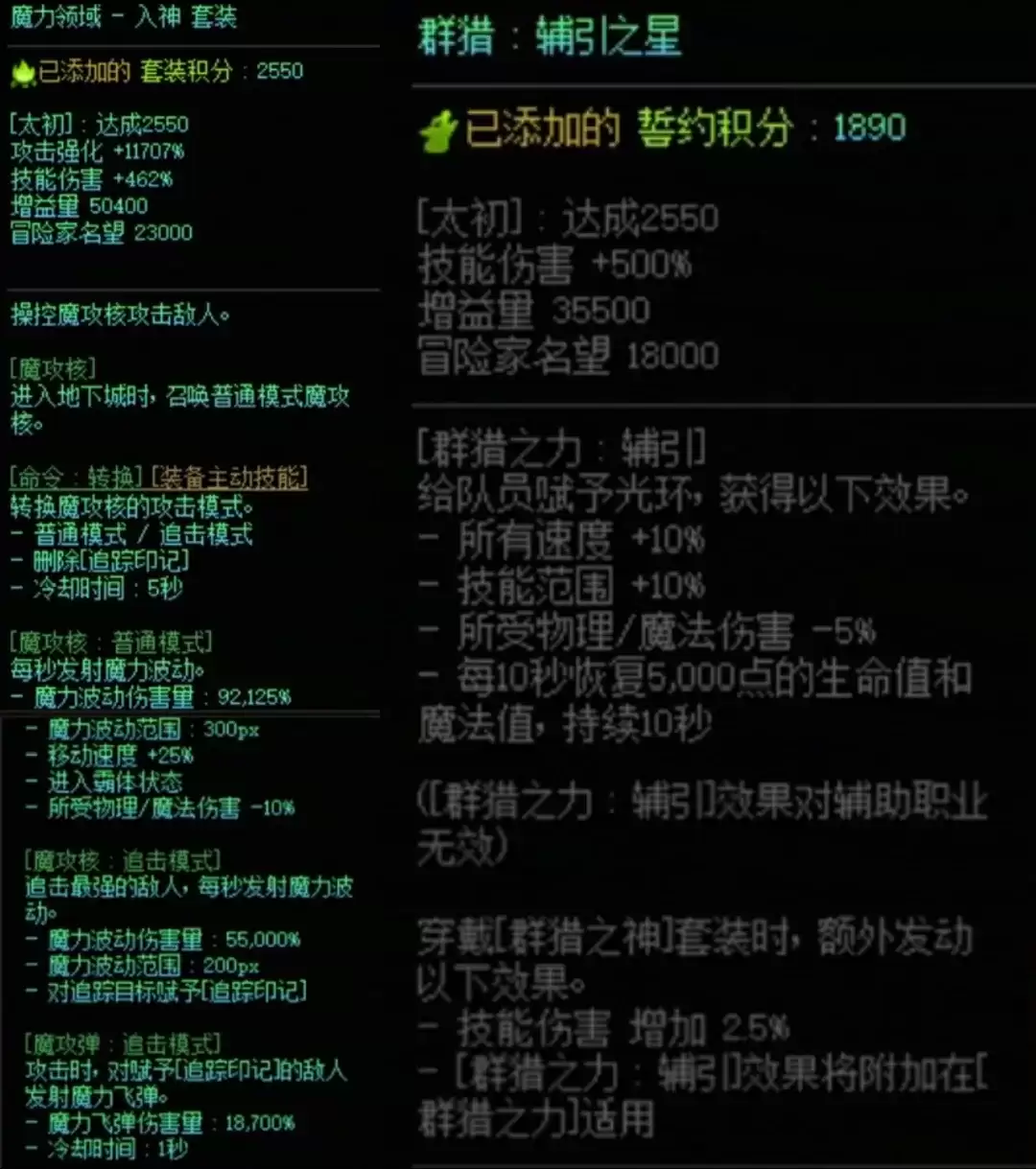 DNF魔力套与群猎搭配属性一览