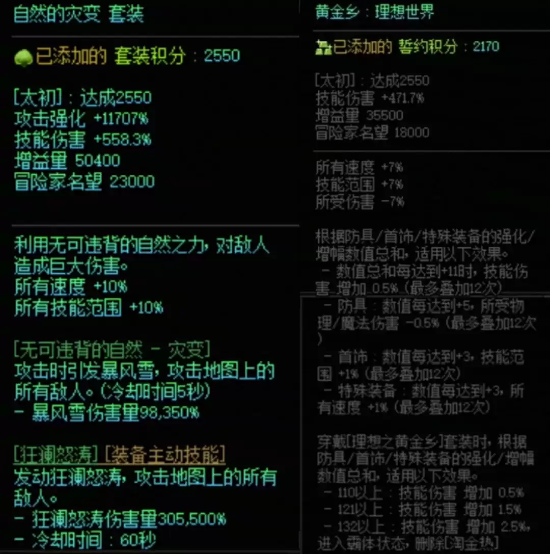 DNF自然套加黄金乡属性搭配一览