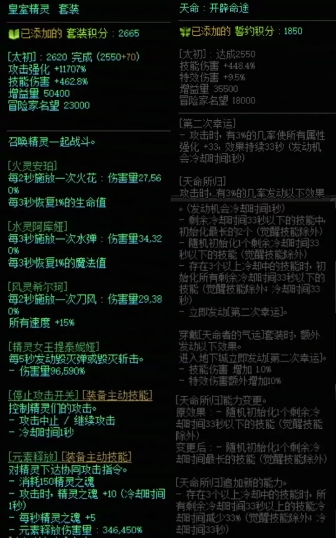 DNF精灵套加天命搭配属性一览