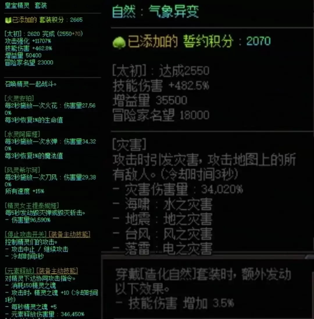 DNF精灵套与自然搭配属性一览