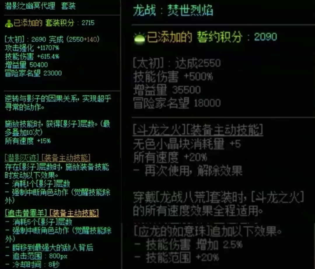 DNF潜影暗袭加龙战八荒搭配属性总览