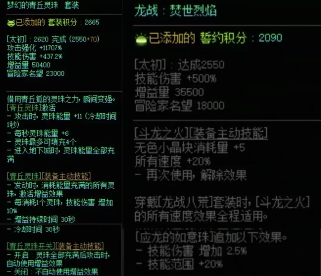 DNF青丘套加龙战八荒搭配属性总览