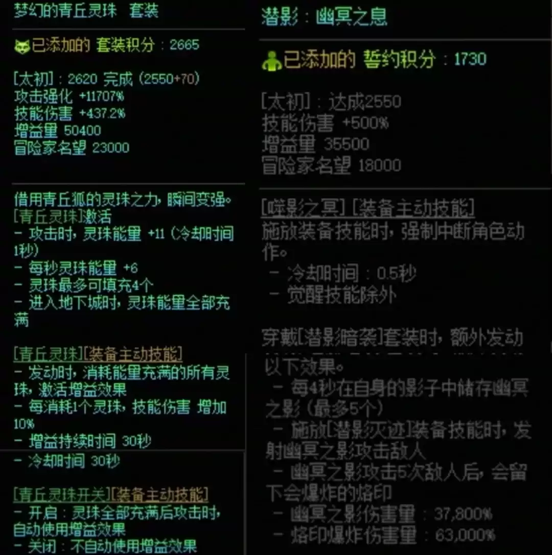 DNF青丘套搭配潜影暗袭属性一览