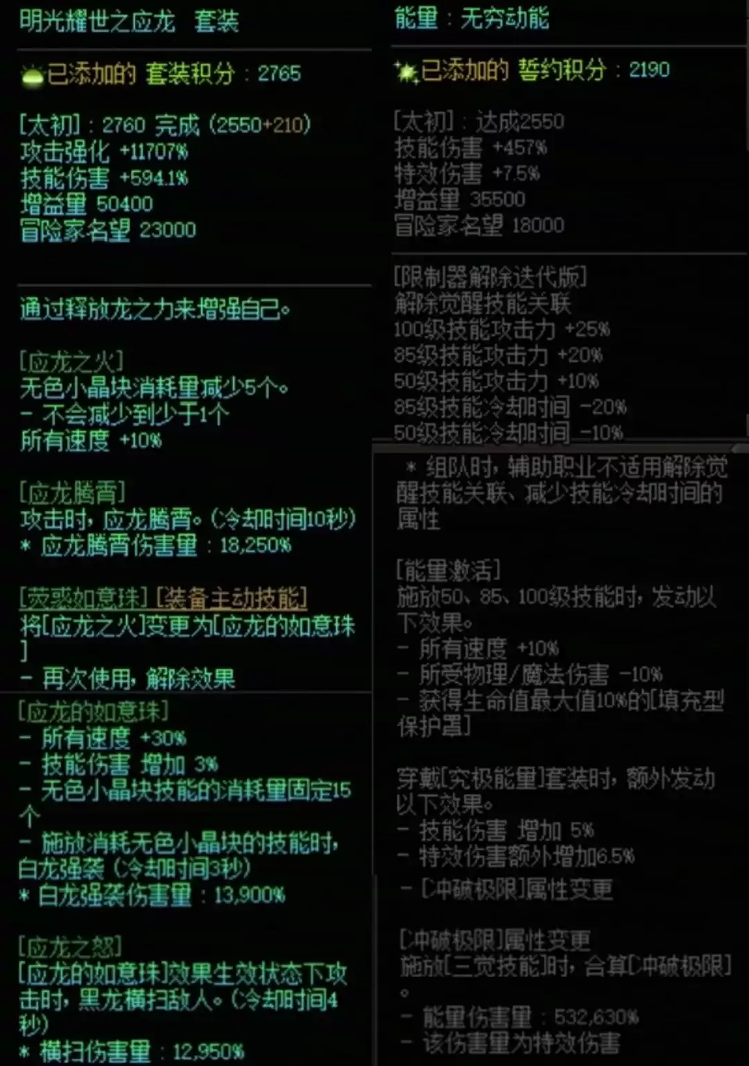 DNF龙战套加究极能量搭配属性一览