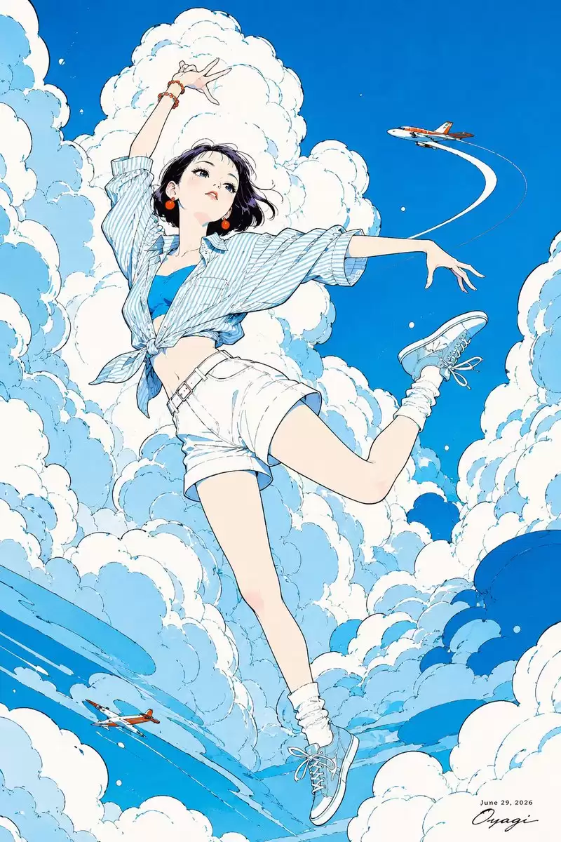 在夏日云端漂浮的动漫少女