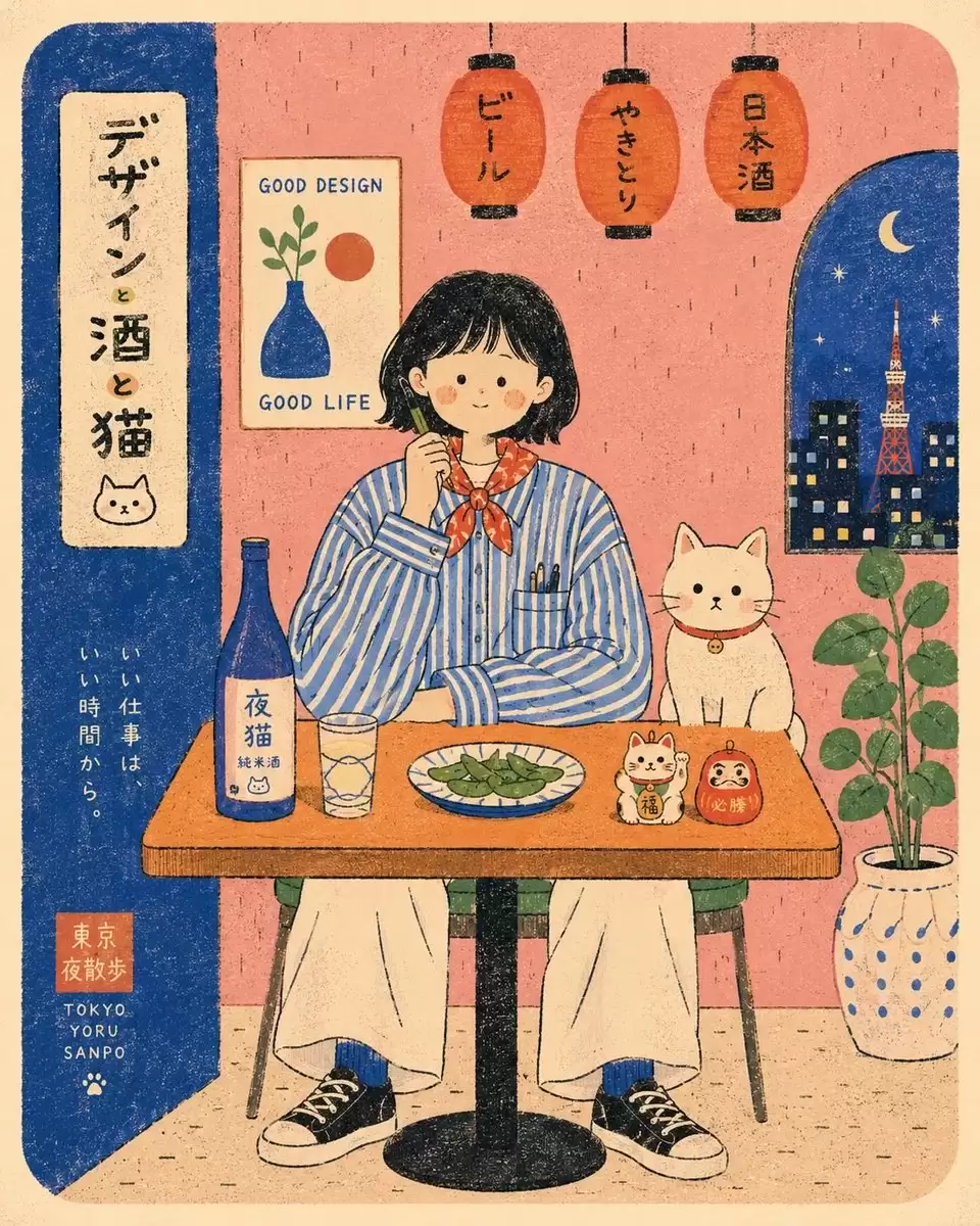 Risograph 风格的咖啡馆插画
