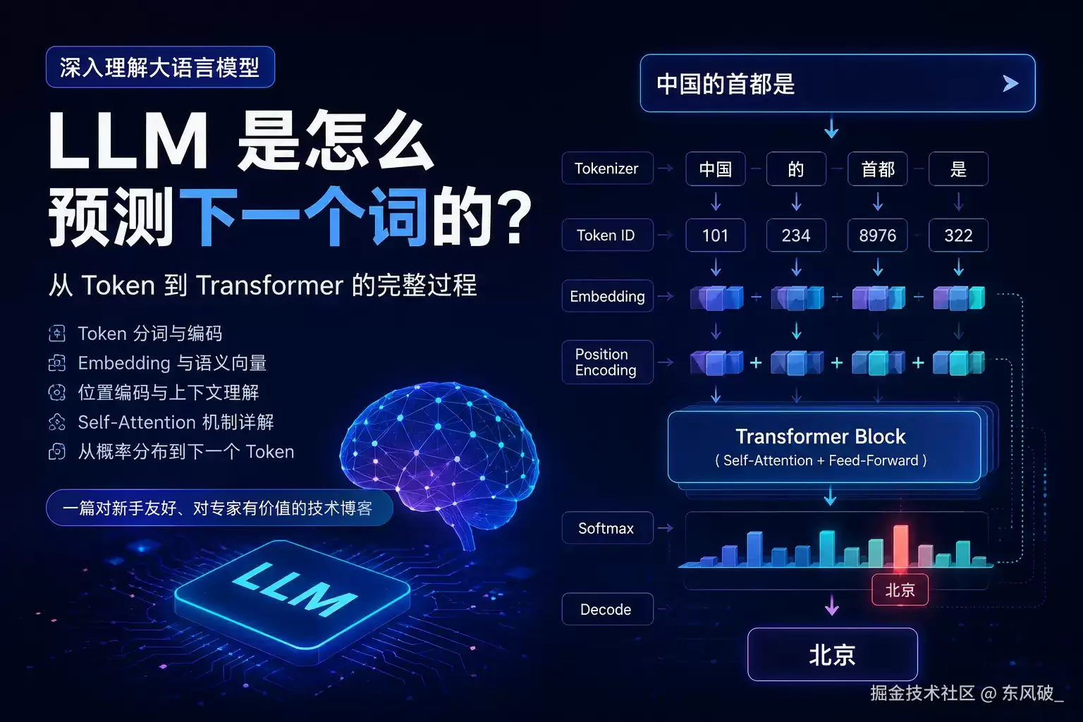 LLM 是怎么预测下一个词的：从 Token 到 Transformer 的完整过程