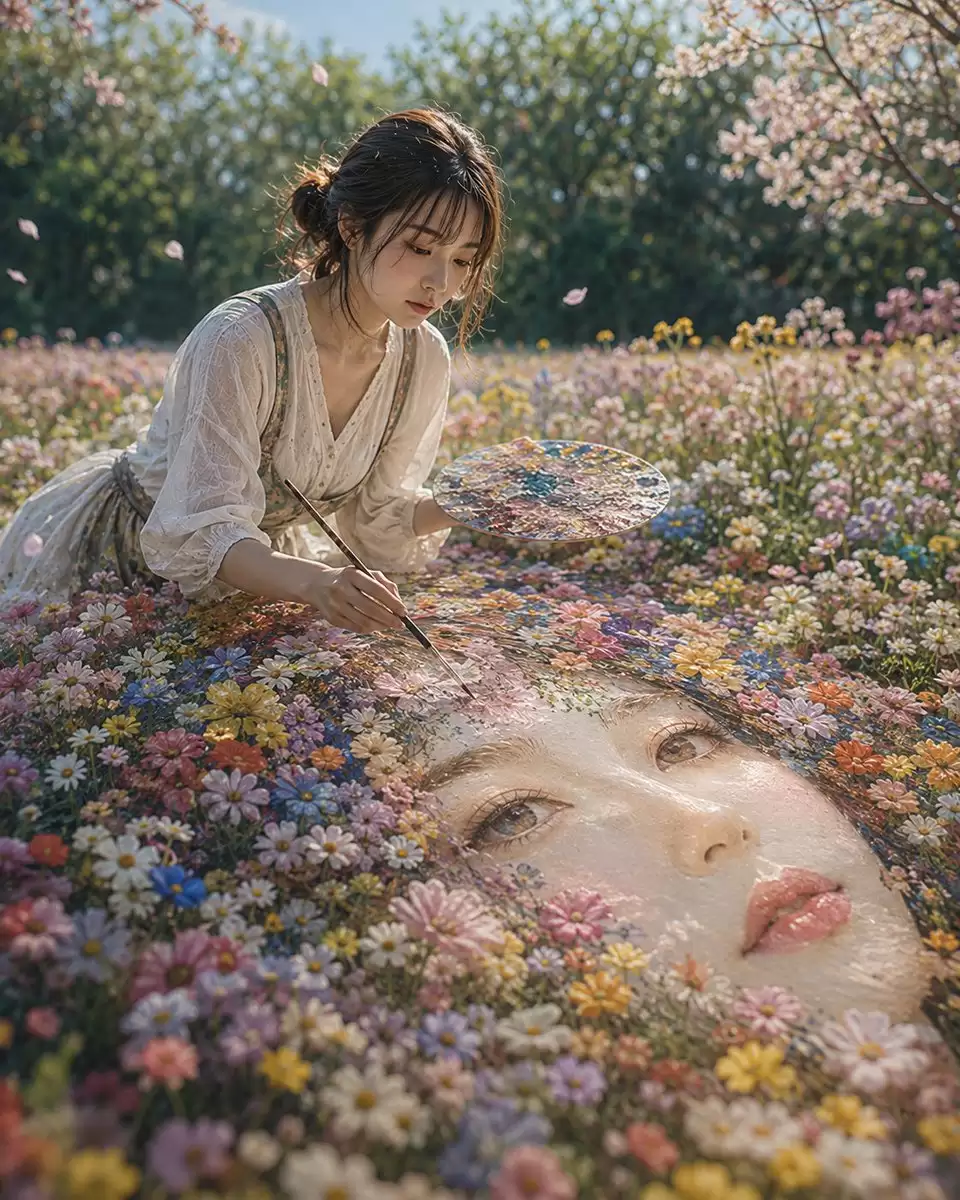 女子绘制花卉画像