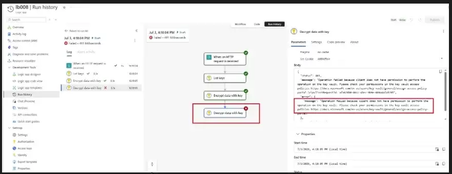 【Azure Key Vault】在 Logic App 中调用 Key Vault 的 Key 进行加密或解密操作时权限报错问题