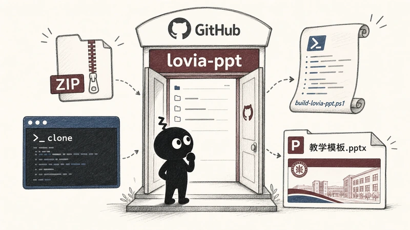CamelopardusLovia/lovia-ppt 下载入口：GitHub、教学模板.pptx 和 PowerShell 示例这样用