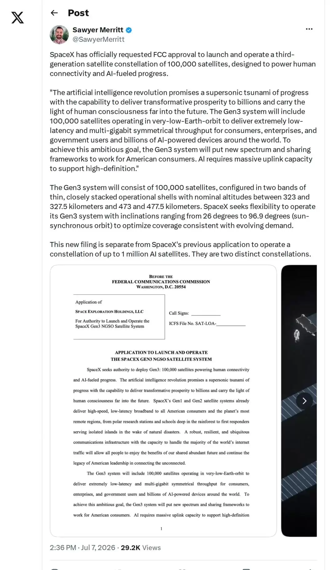 一切为了AI：SpaceX拟部署10万颗第三代星链卫星