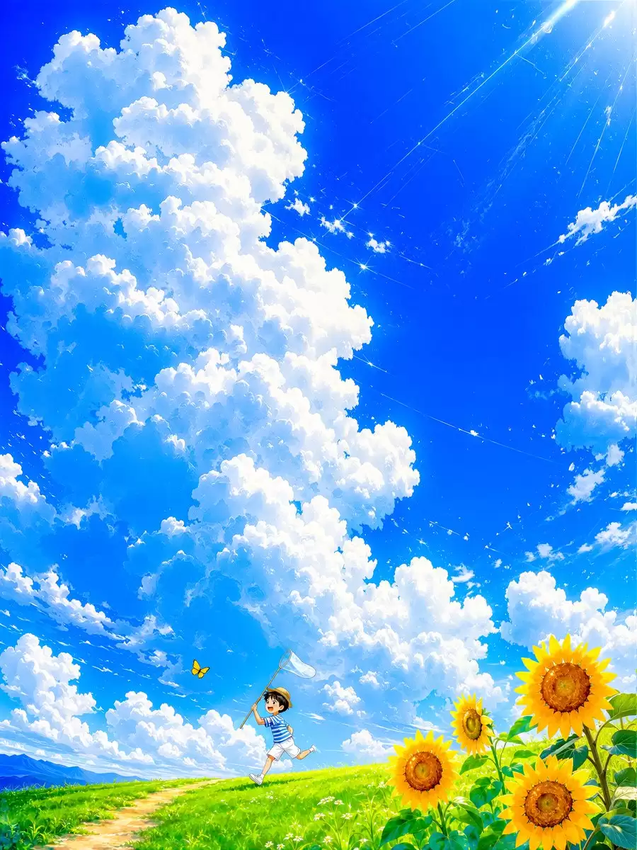 夏日天空下追蝴蝶的男孩