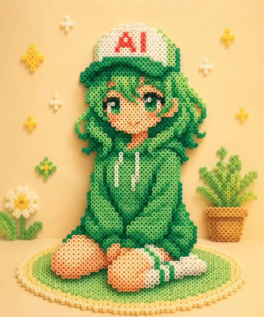俏皮绿色豆豆拼贴艺术女孩