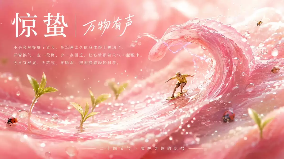 粉色浪潮惊蛰节气海报