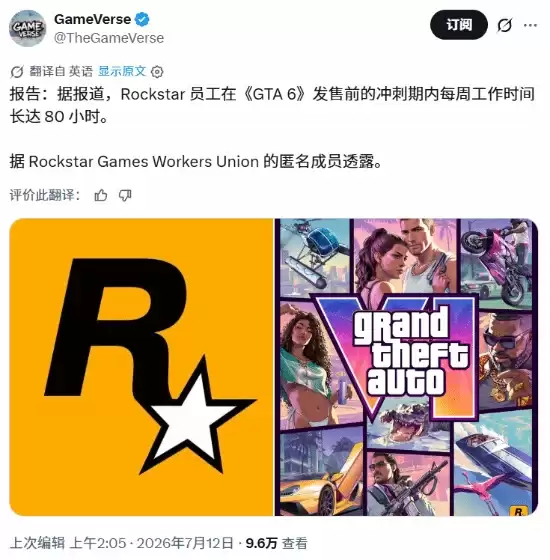 太拼了！GTA6员工周工时超80小时：高强度赶工引热议