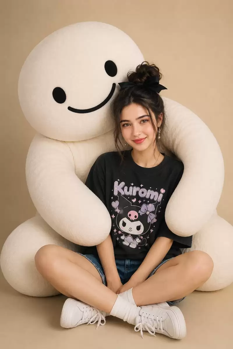 和巨型毛绒吉祥物合照的女性