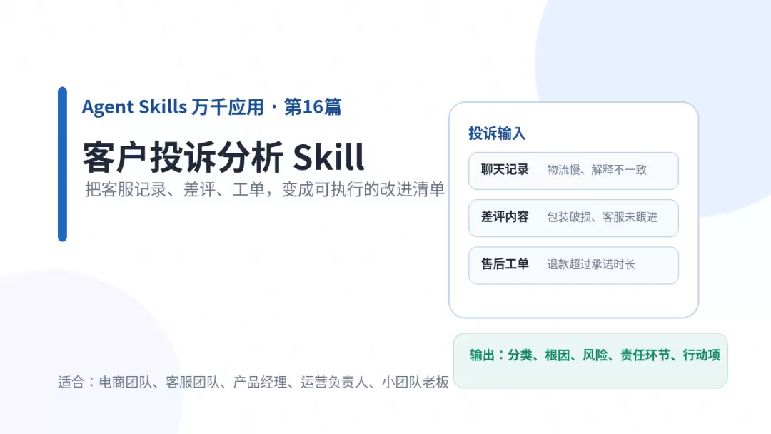 客户投诉分析 Skill：将散落的抱怨转变为可执行的改进清单