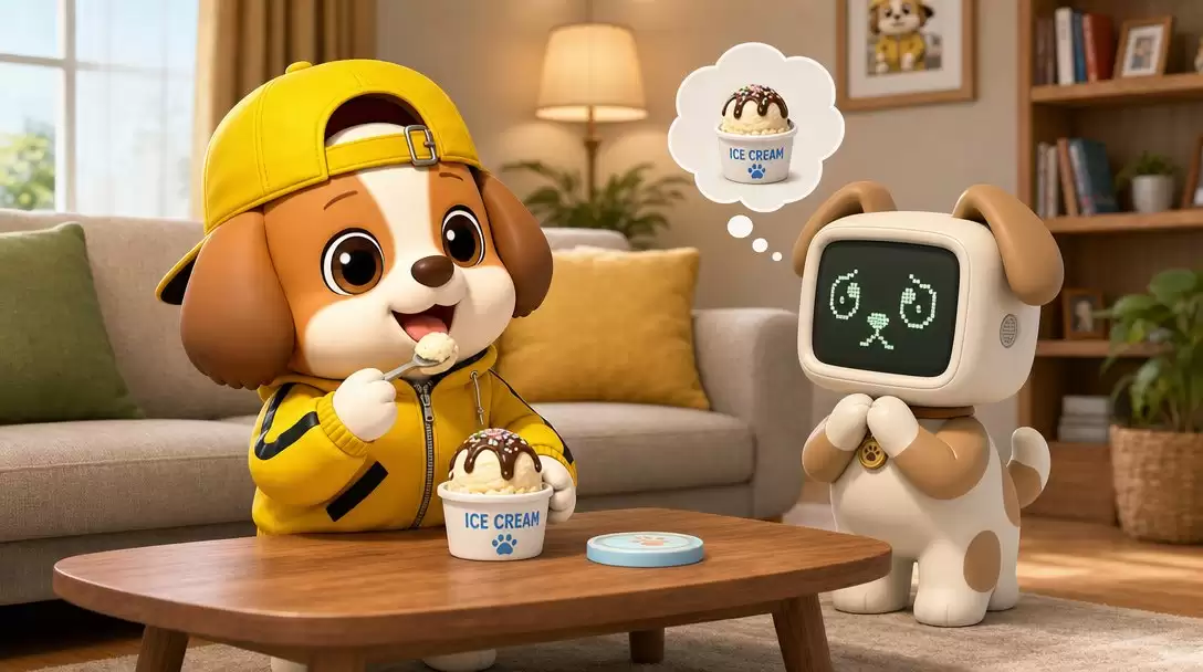 小狗与机器狗吃冰淇淋情景
