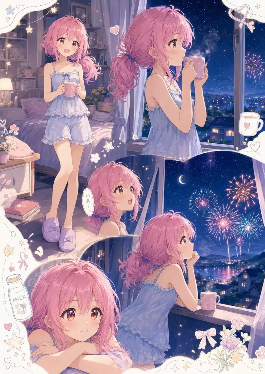 动漫夏夜烟火拼贴画