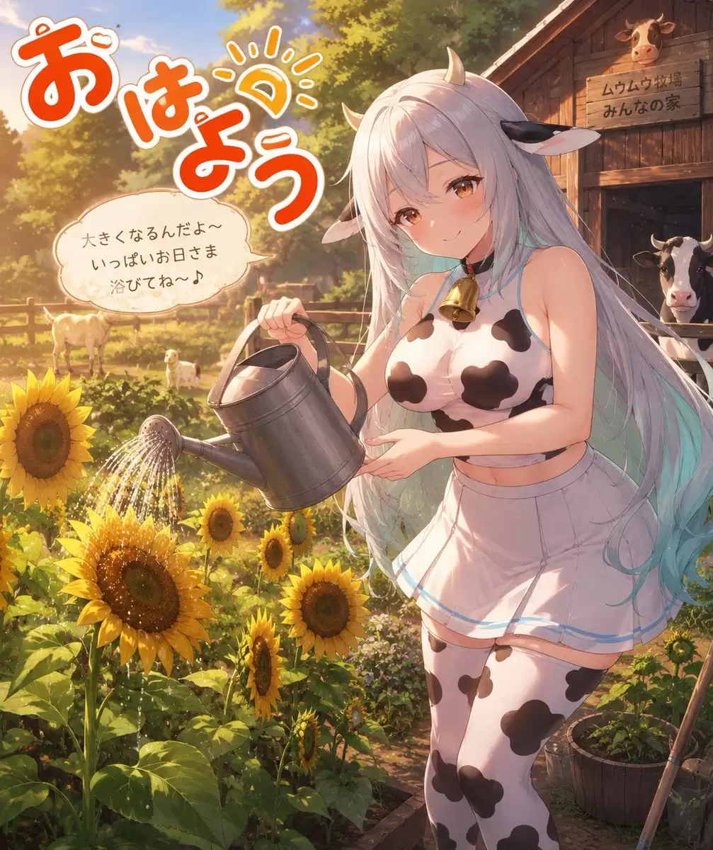 奶牛少女灌溉向日葵