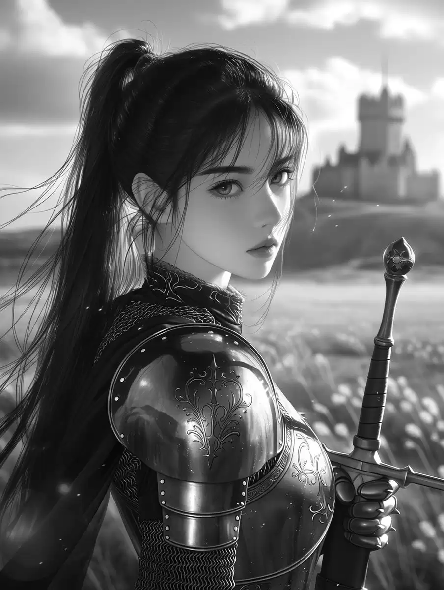 单色女性骑士肖像