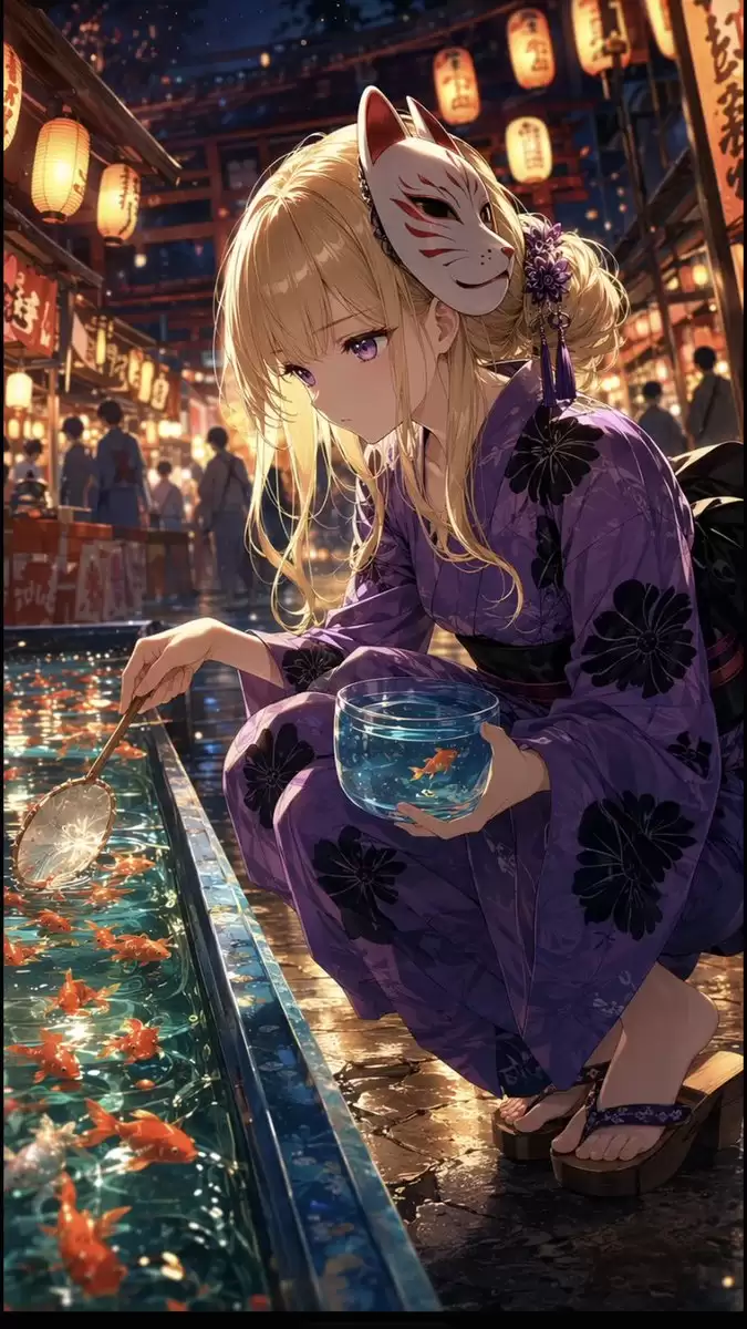 金鱼摊前的动漫少女
