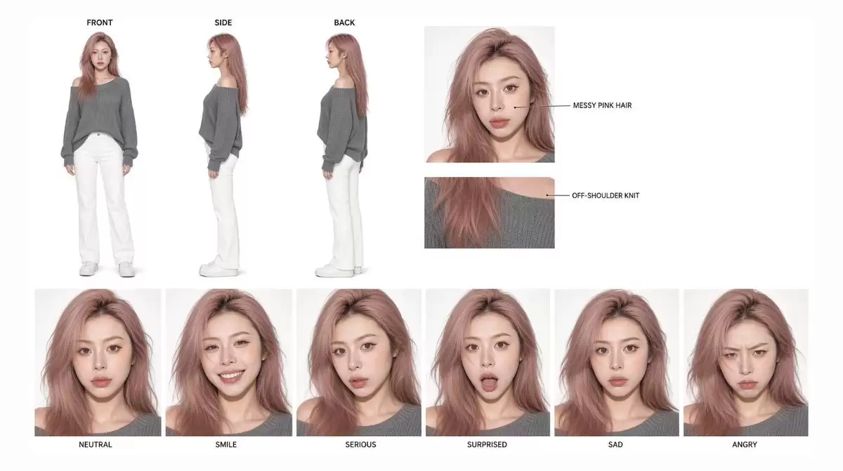 Pink-Haired Character Reference Sheet