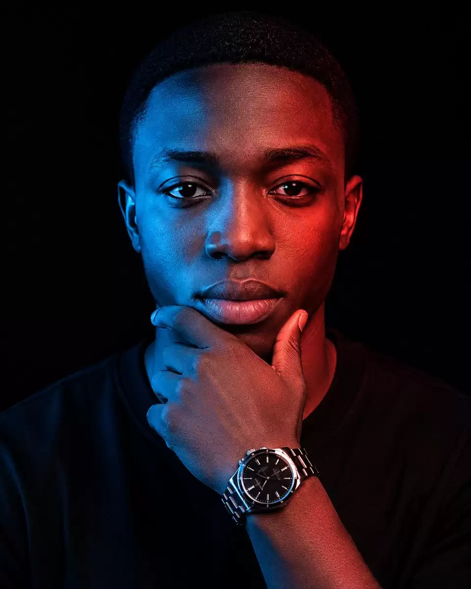 Cinematic Red Blue Split-Light Portrait