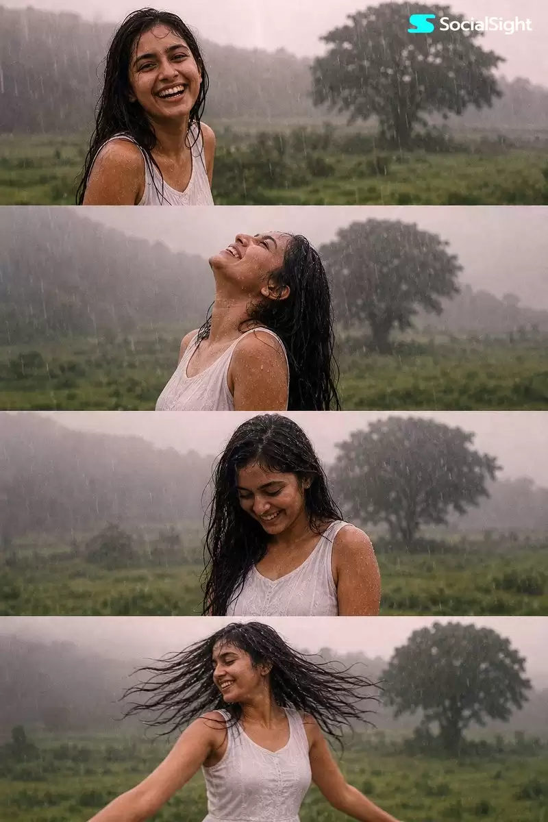 South Asian Woman in Monsoon Rain Sequence