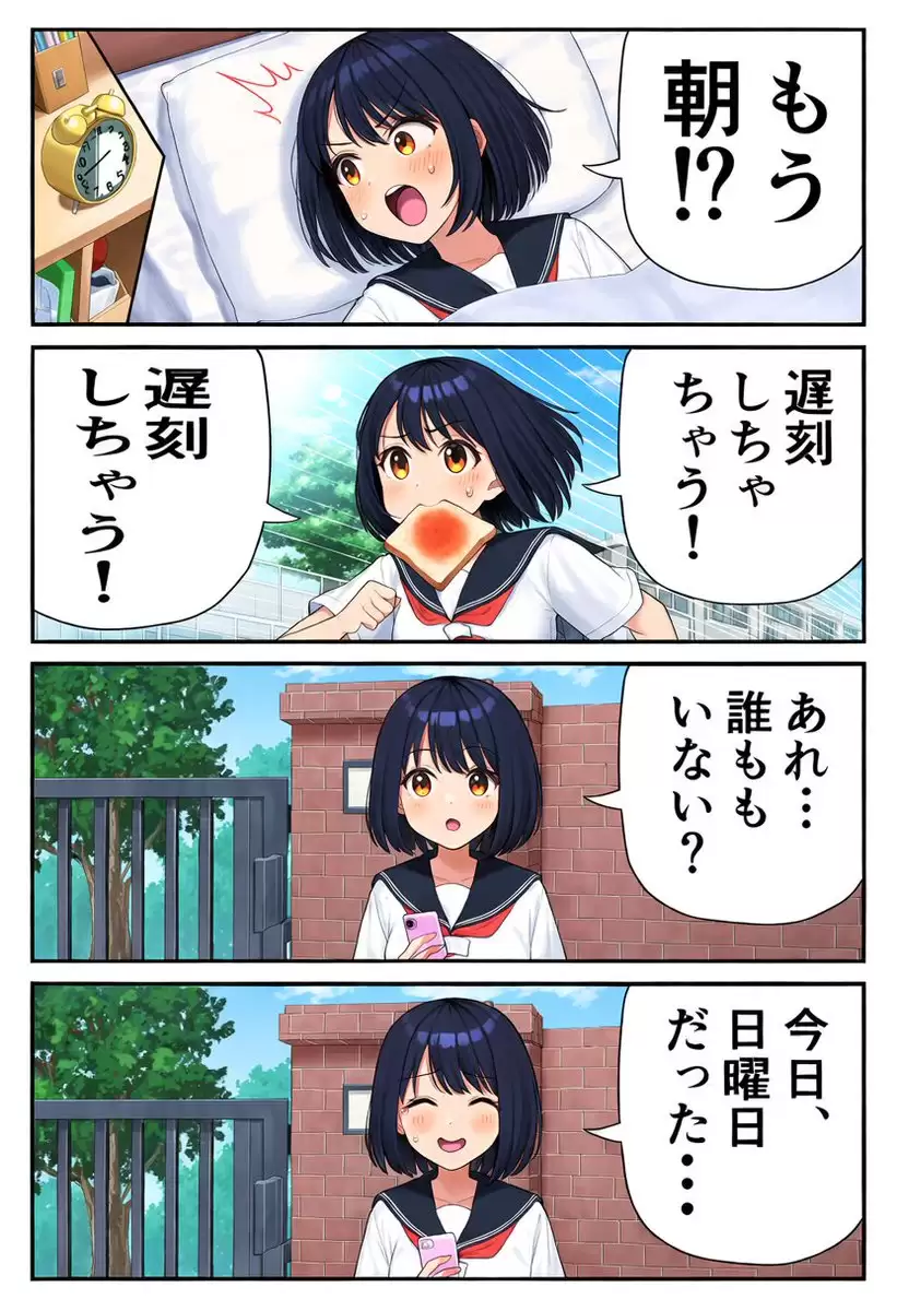 四格漫画：迟到的女高中生提示词怎么写-画面元素和风格参数