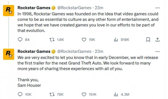 R星官宣《GTA6》首支预告片12月初发布