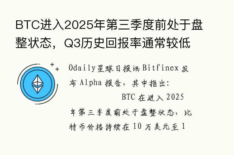 BTC进入2025年第三季度前处于盘整状态，Q3历史回报率通常较低