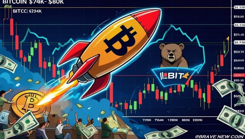 比特币（BTC）价格预测：在潜在回调前BTC瞄准7.4万至8万美元流动性扫荡，IBIT呈现熊旗形态