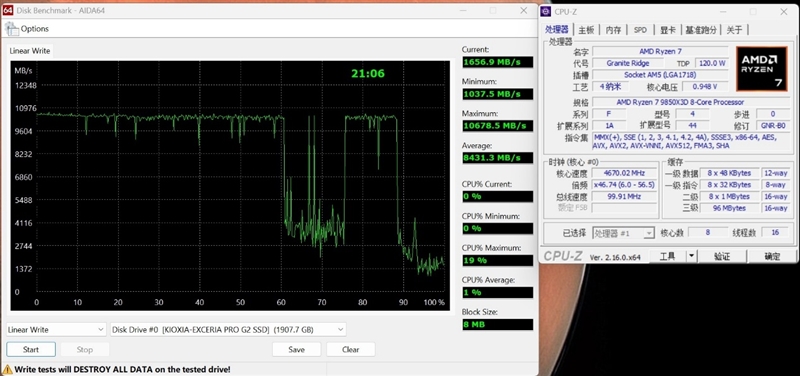 可能是综合性能最强的PCIe 5.0 SSD!铠侠EXCERIA PRO G2 2TB评测:AIDA64线性写入全程不掉速