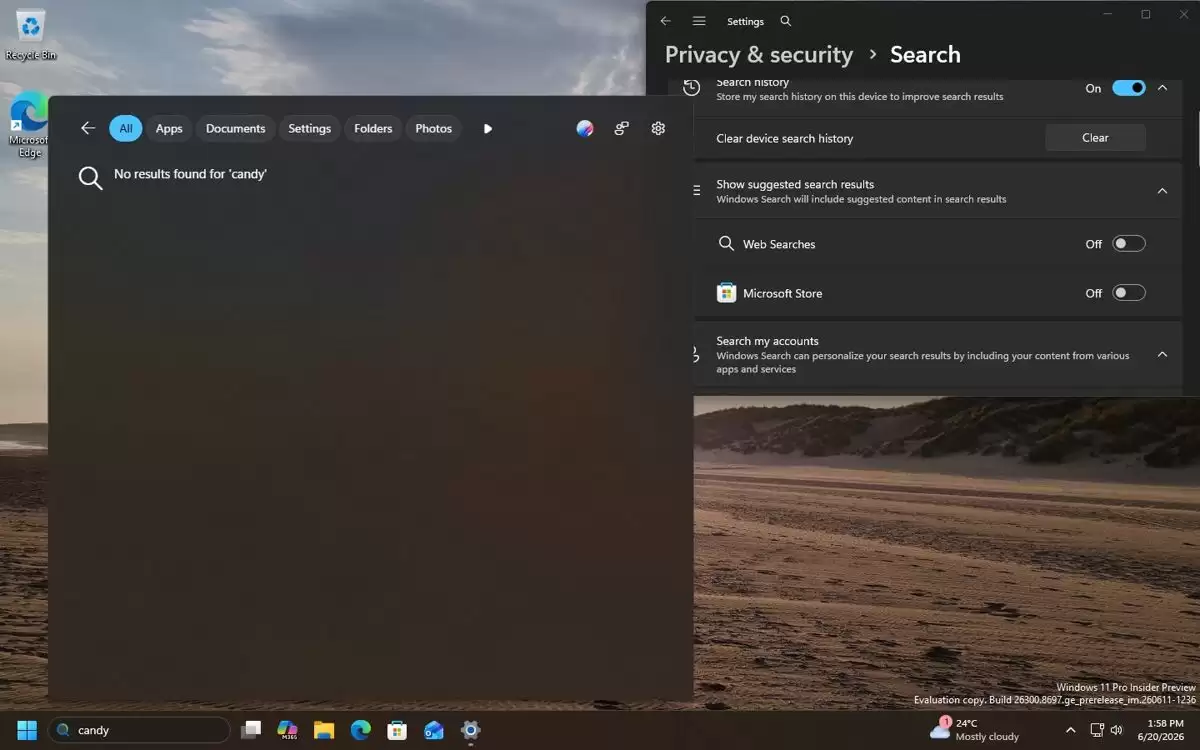 Win11预览版26300.8697搜索中原生清理Bing网页结果的教程