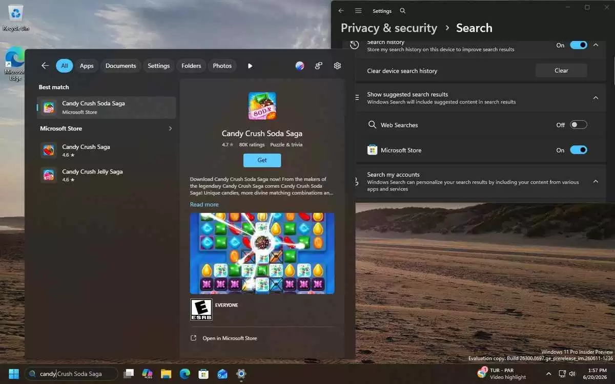 Win11预览版26300.8697搜索中原生清理Bing网页结果的教程