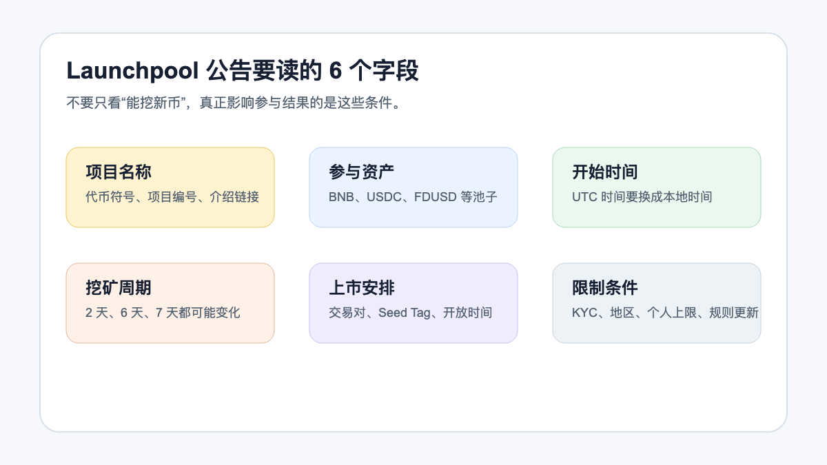 Launchpool 公告字段检查图：项目名称、参与资产、开始时间、挖旷周期、上市安排、限制条件