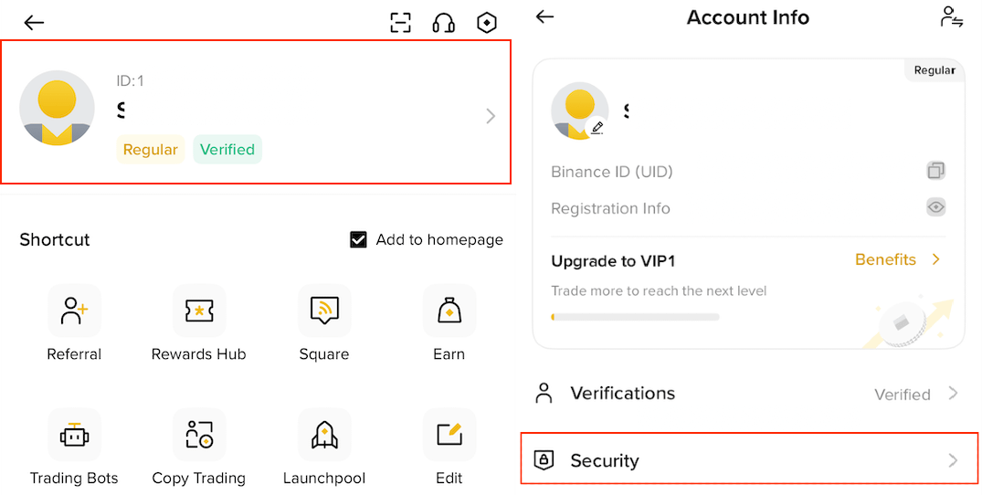 币安 App 账户安全入口截图,用于下载后设置反钓鱼码和安全项