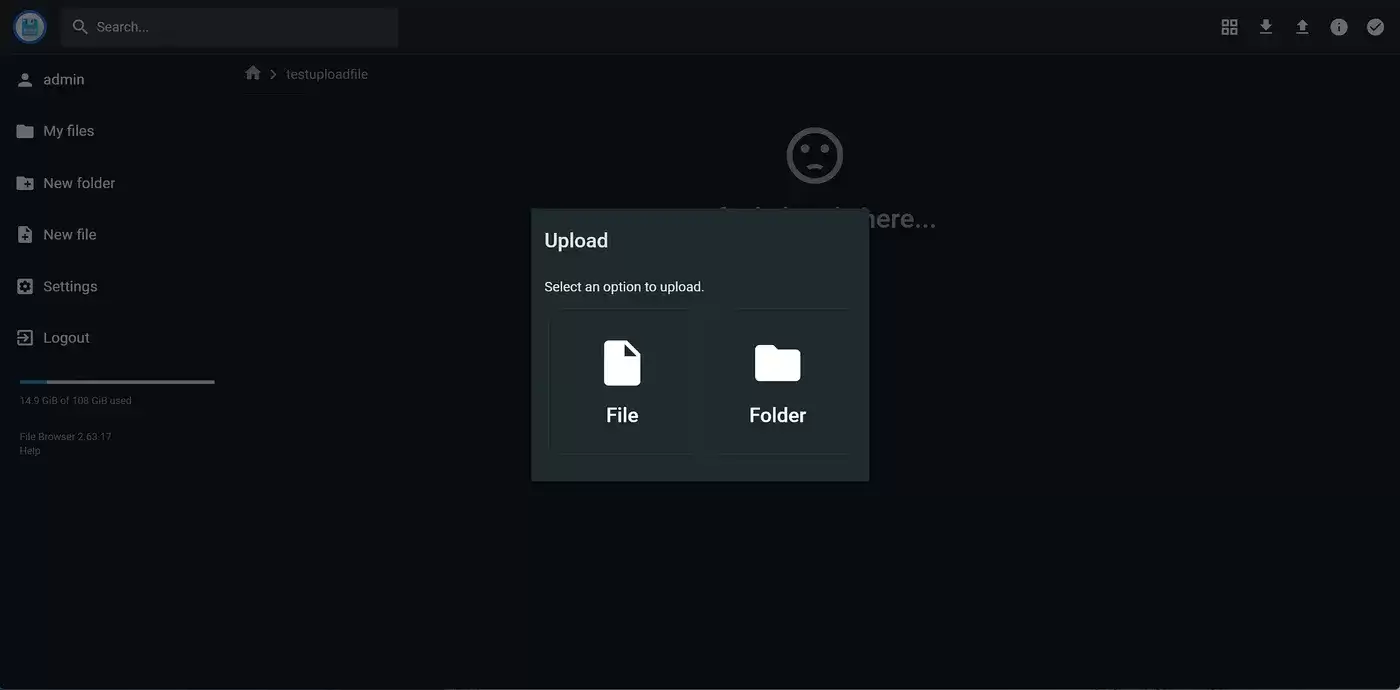 File Browser 上传弹窗:选择 File 上传单个文件或 Folder 上传整个目录