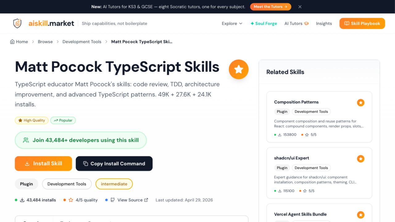 AI Skill Market 中 Matt Pocock TypeScript Skills 页面截图