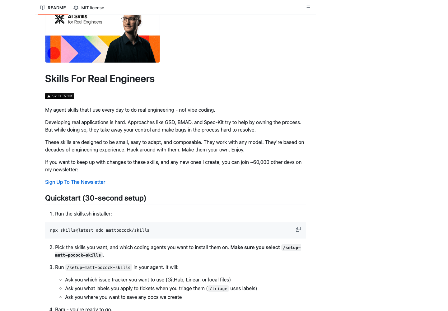 mattpocock/skills GitHub README Quickstart 安装命令截图