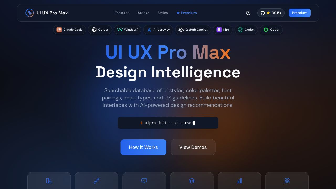 UI UX Pro Max 官网展示 Claude Code、Cursor、Windsurf、Codex 等入口