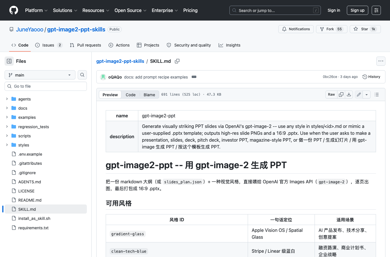 gpt-image2-ppt-skills 官方 SKILL.md 风格和能力说明截图