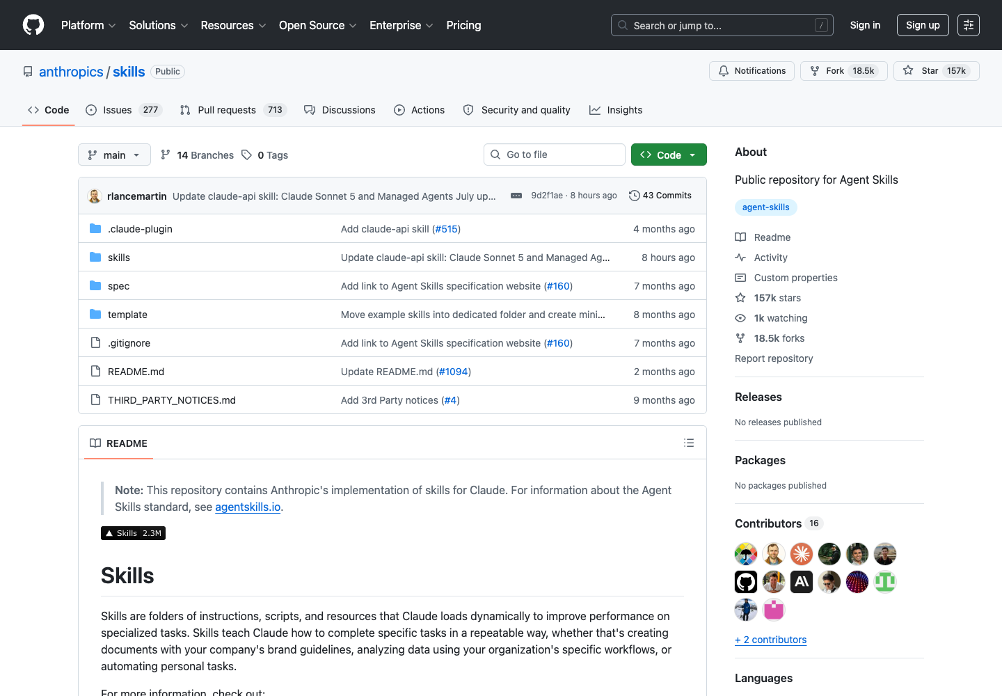 Anthropic 官方 anthropics/skills GitHub 仓库首页截图