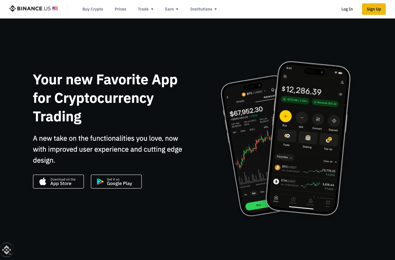 Binance.US官方下载页展示App Store和Google Play按钮