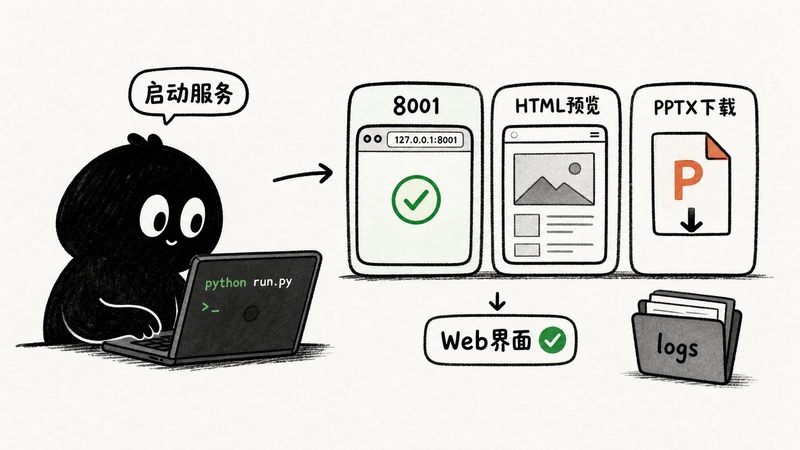 Ian 小黑在终端运行 python run.py 并检查 8001、HTML 预览和 PPTX 下载